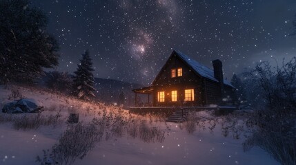 A serene winter cabin with glowing windows, surrounded by snow and framed by a dazzling starry night sky