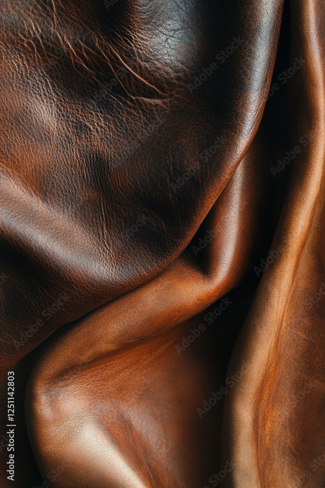 Poster a close-up view of luxurious brown leather fabric with visible texture and folds, symbolizing crafts