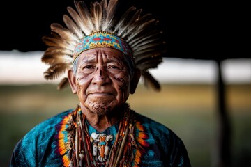 Obraz premium Elderly man wearing traditional attire and feathered headdress stands proudly outdoors at sunset