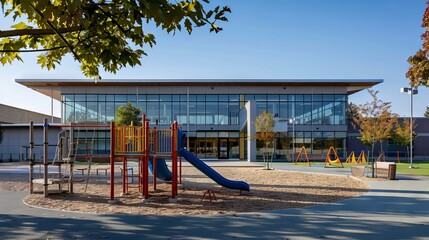 Modern public school exterior with playground and green space on a sunny day