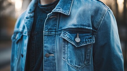 Close-up of a man wearing a stylish denim jacket in an urban setting