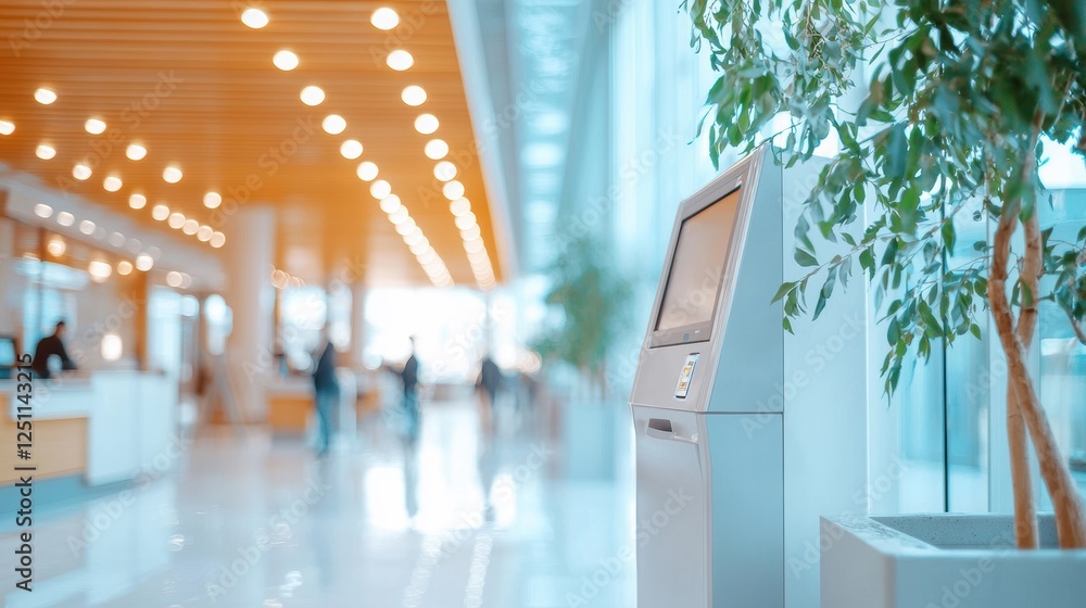 Poster a modern bank interior with customers using atms, consulting with tellers, and conducting transactio