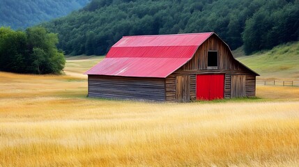 Obraz premium Red Barn in Golden Field, Mountain View - Rustic/Vintage