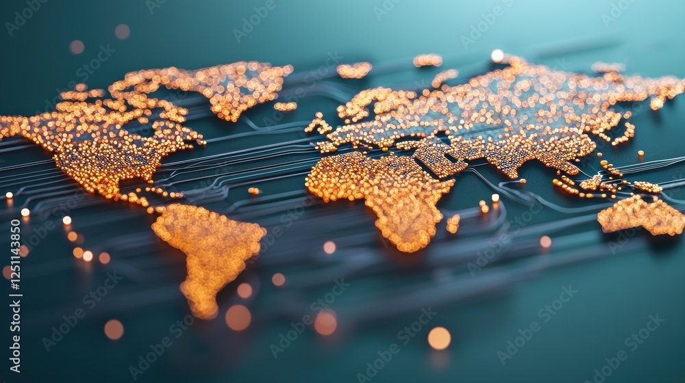 Poster a dark background with a brightly lit network of nodes and lines forming the shape of a world map, s