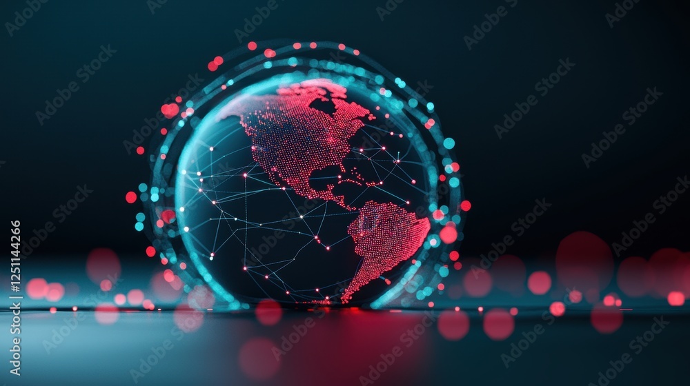 Poster a network of glowing nodes and lines encircling a rotating earth, representing the global flow of da