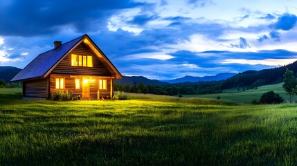 Cozy Cabin in Mountain Meadow at Dusk - Cozy Homes
