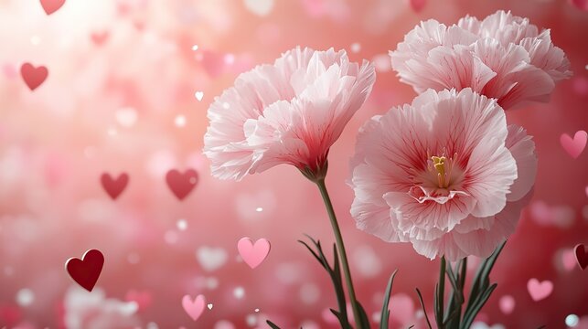 Silky white carnations, hearts, and confetti on a flamingo pink base create a modern Mother's Day concept with space for text.