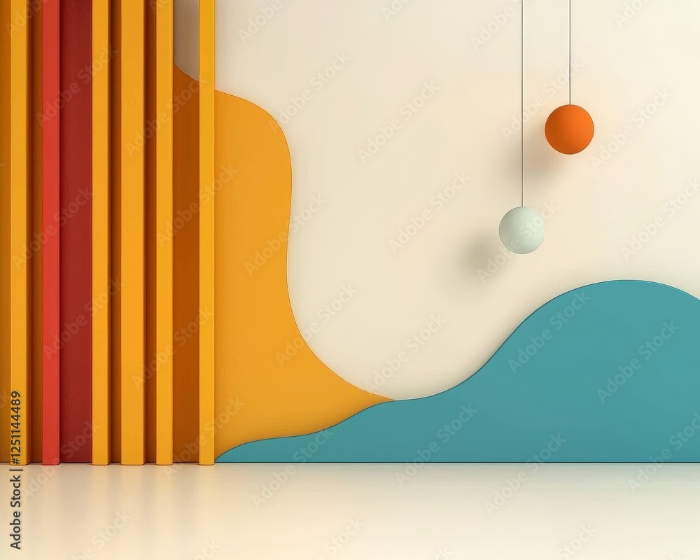 Poster abstract composition of colorful geometric shapes with hanging orbs and smooth curves on a minimalis