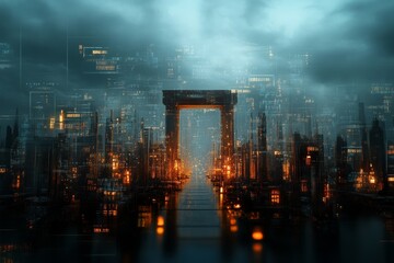 Futuristic cityscape with glowing structures and digital elements under a cloudy sky