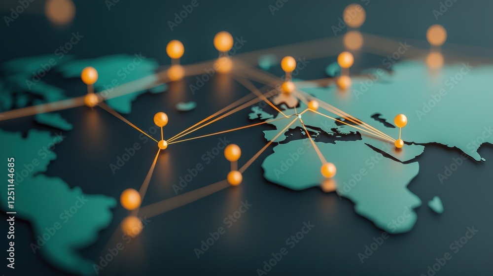 Poster a map of the world with lines connecting different continents, representing major shipping routes an