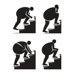 A person struggling climbing stairs, black and white graphic, simple shapes, pictogram style, directional symbols, upward movement, physical effort illustration, silhouette obesity
