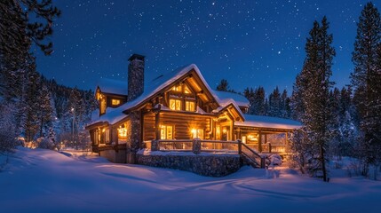 A cozy, snow-covered cabin with warm lights glowing under the brilliance of a clear, star-filled winter sky