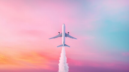 Naklejka premium A cargo plane taking off against a backdrop of a colorful sunset sky, leaving a trail of white smoke, symbolizing the international transportation of goods.