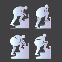A person struggling climbing stairs, gradient  graphic, simple shapes, pictogram style, directional symbols, upward movement, physical effort illustration, silhouette obesity