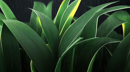 Close-up of vibrant green leaves with a hint of yellow against a dark background.