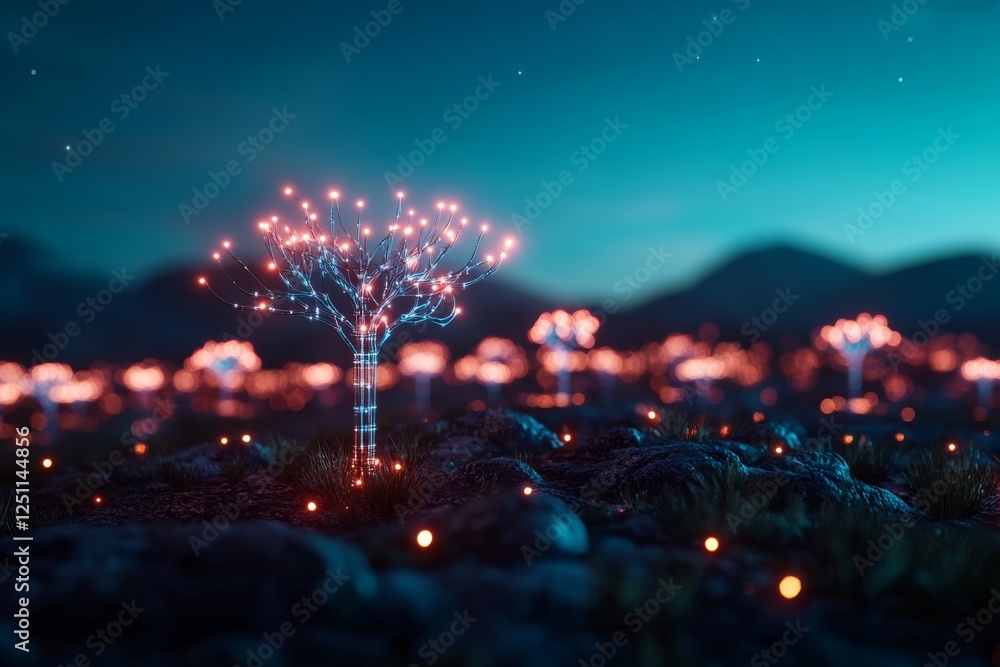 Poster brightly lit tree stands alone in an enchanting landscape during twilight with a backdrop of distant