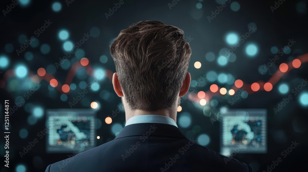 Poster a businessman in a suit studying financial data on multiple computer screens, with charts and graphs