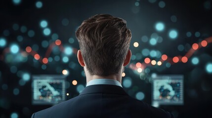 A businessman in a suit studying financial data on multiple computer screens, with charts and graphs displaying global market trends.