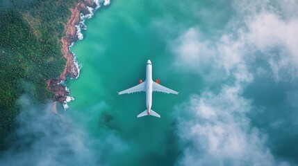 Naklejka premium An airplane soaring through the clouds above a picturesque coastline, representing the freedom of travel and global connectivity.