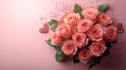 Spark a dream woman's holiday idea. premium rose bouquet, trendy heart-shaped gift packaging, decor, and sequins on a pastel pink canvas, offering blank space for wording or advertisement.