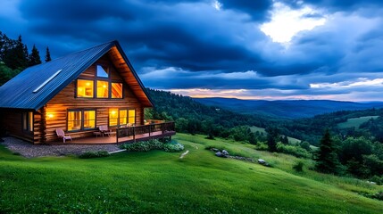 Obraz premium Mountain Cabin Sunset, Log Home Landscape - Peaceful/Serene Landscapes