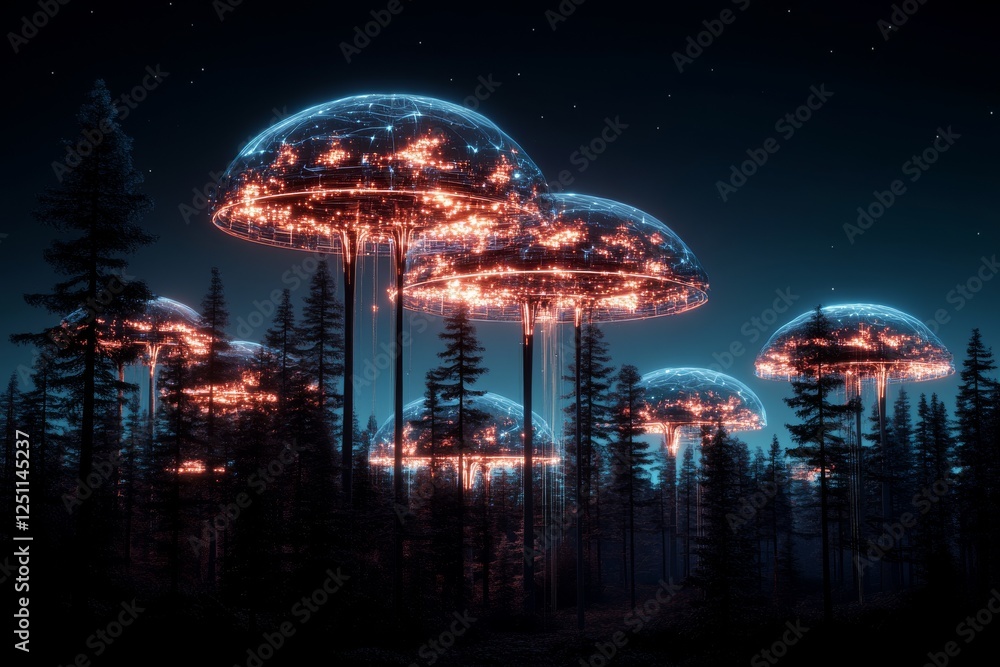 Poster glowing jellyfish-like structures hover over a dark forest at night, illuminating the trees below wi