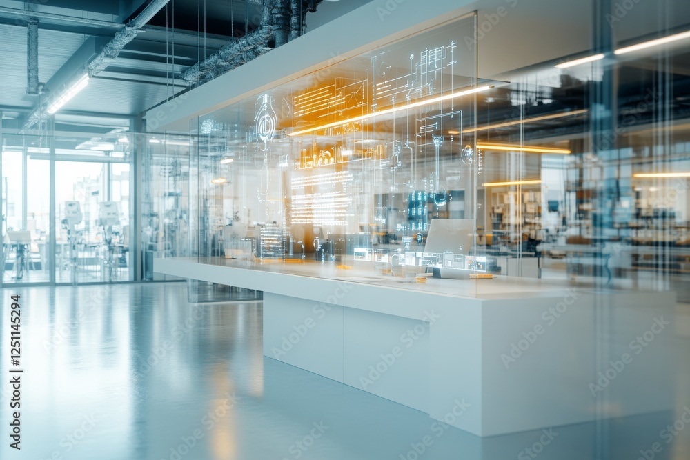 Poster modern office workspace featuring futuristic design elements and advanced technology at midday in a 
