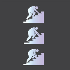 A person struggling climbing stairs, gradient  graphic, simple shapes, pictogram style, directional symbols, upward movement, physical effort illustration, silhouette obesity