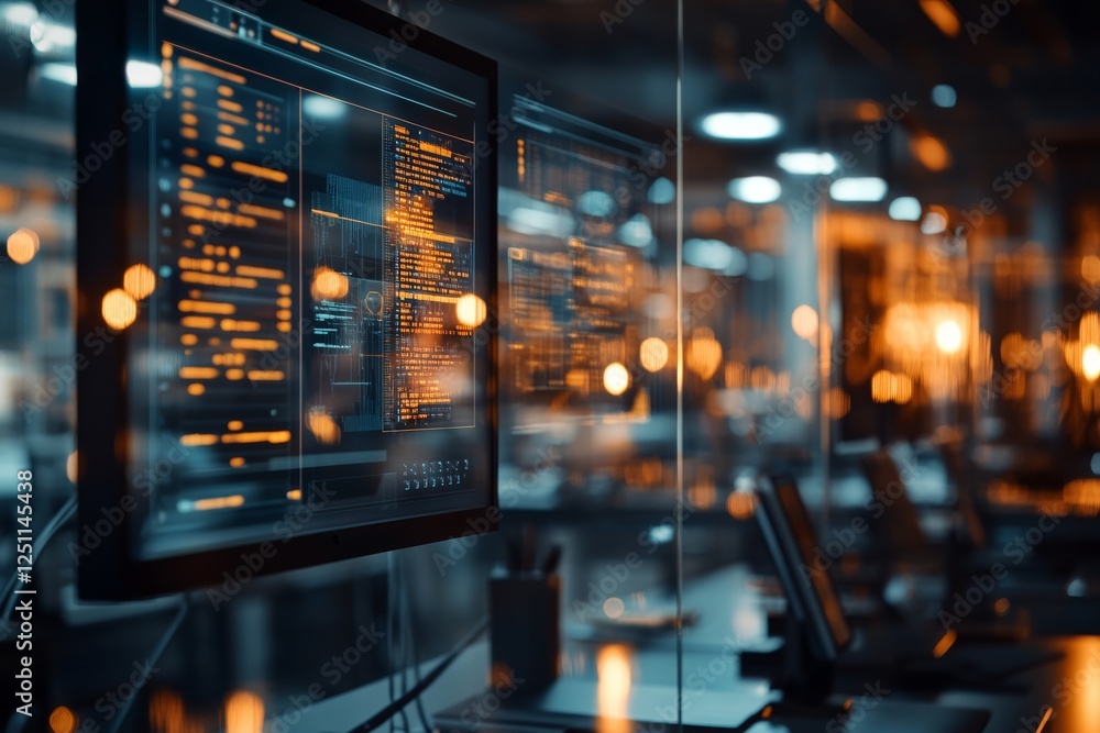 Poster computer workstation displaying code in a dimly lit office environment during evening hours