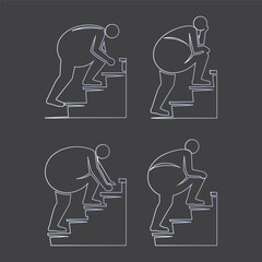 A person struggling climbing stairs, gradient outline graphic, simple shapes, pictogram style, directional symbols, upward movement, physical effort illustration, silhouette obesity