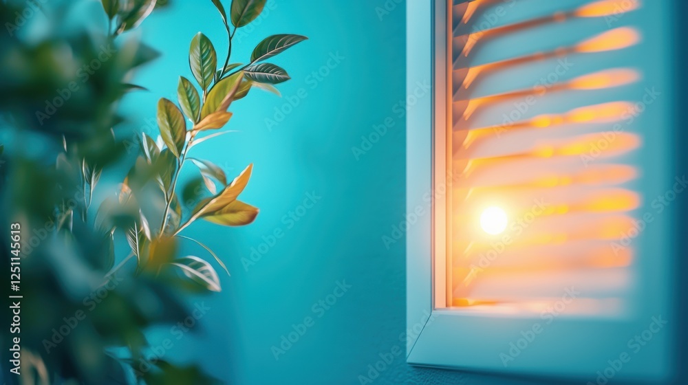 Poster a view through a window into a smart home at night, with automated blinds closing and soft lighting 