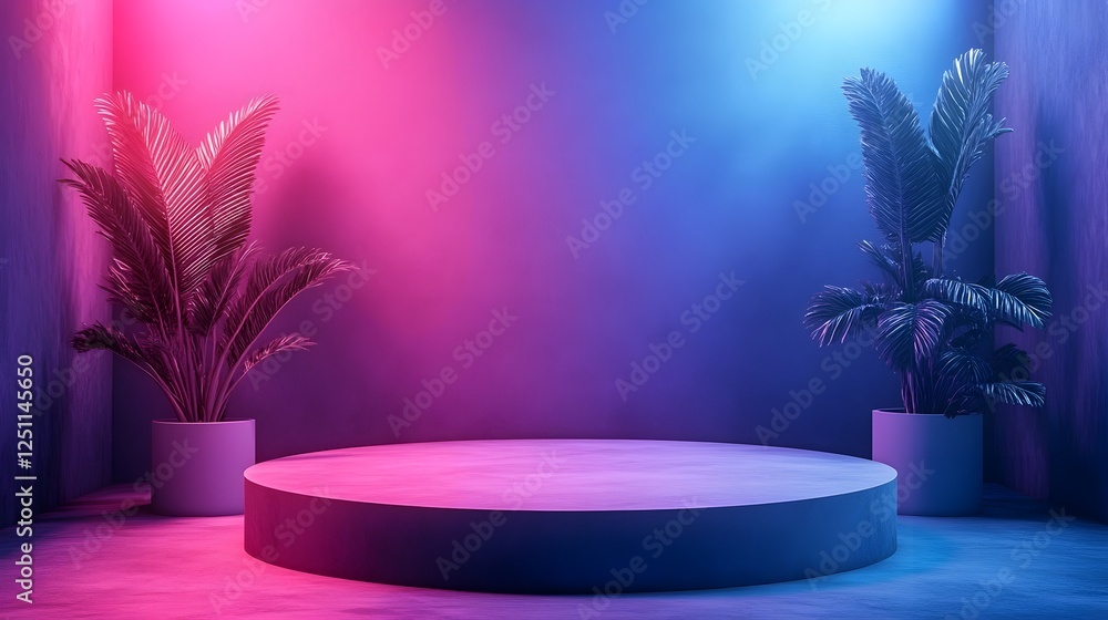 Poster Vibrant neon lit abstract background with tropical palm leaves and a minimalist podium platform creating a dramatic and captivating display for premium product showcasing or promotional content