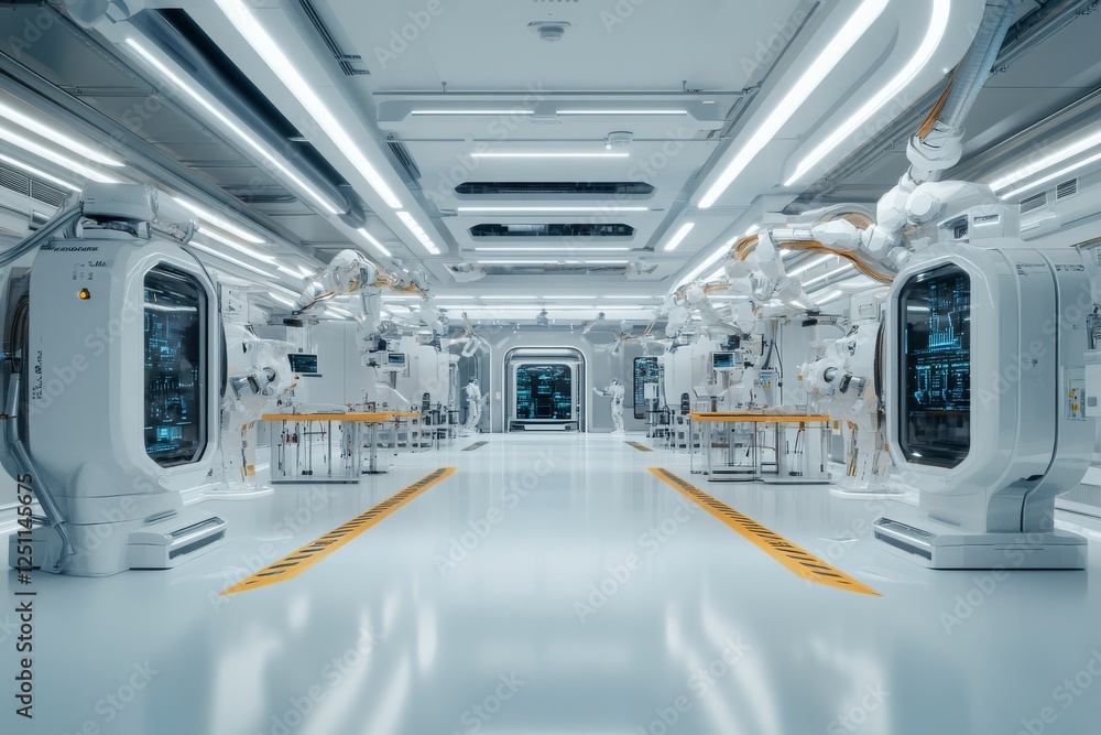 Poster high-tech laboratory featuring robotic arms and advanced equipment in a futuristic setting