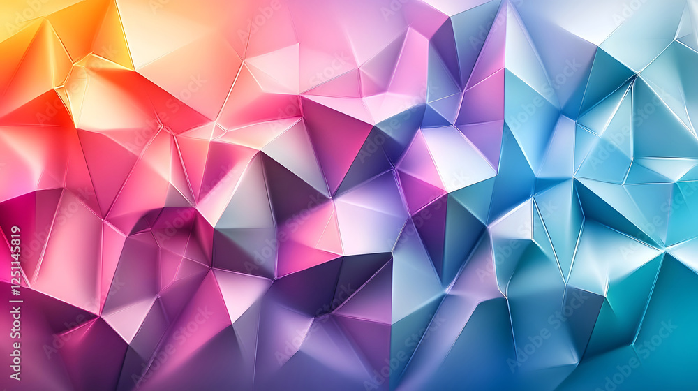 Poster Vibrant Polygonal Background with Prismatic Gradient and Geometric Facets  Captivating abstract design featuring a dynamic collision of colorful triangular shapes