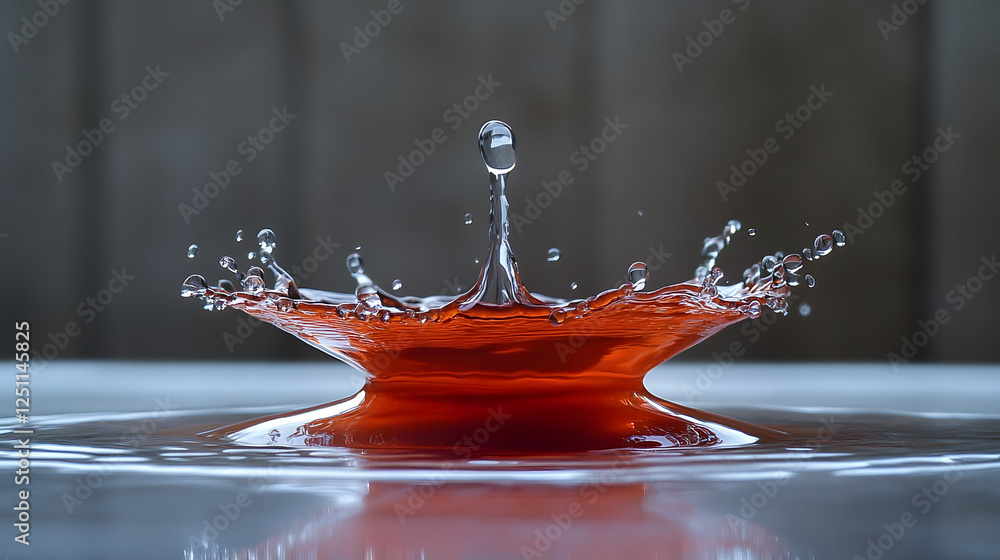 Poster Vibrant red liquid splash with dynamic droplet patterns and rippling effects on a dark background showcasing the energy and movement of fluid in motion