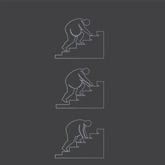 A person struggling climbing stairs, gradient outline graphic, simple shapes, pictogram style, directional symbols, upward movement, physical effort illustration, silhouette obesity