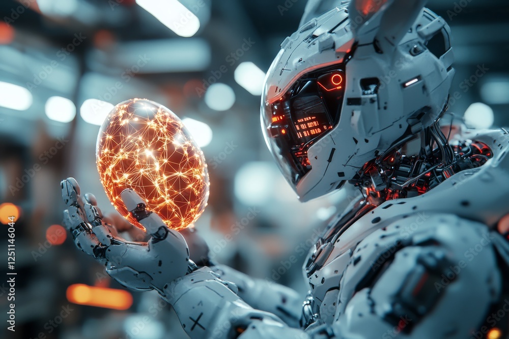 Aufkleber robot examines glowing digital egg in a futuristic workshop setting filled with advanced technology