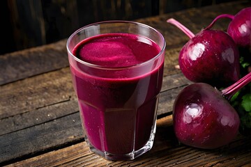 Close-up of beetroot juice on the wooden table with copy space