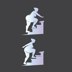 A person struggling climbing stairs, gradient  graphic, simple shapes, pictogram style, directional symbols, upward movement, physical effort illustration, silhouette obesity