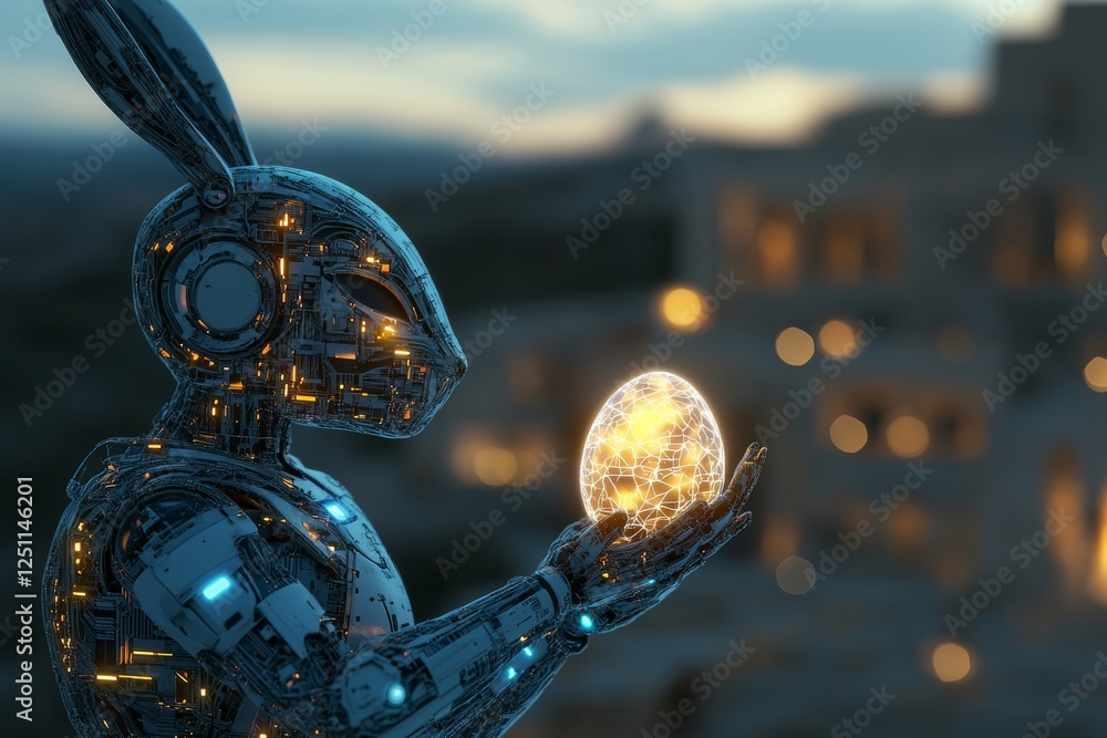 Aufkleber robot rabbit gently holds a glowing egg in a futuristic urban setting during twilight