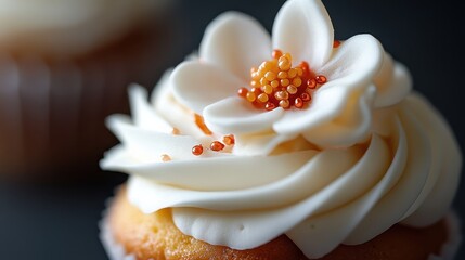 A close-up of a nicely decorated cupcake featuring exquisite floral frosting, embodying the essence of sweetness and charm in baking.
