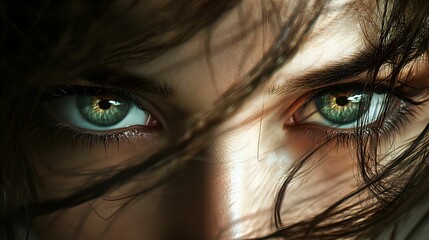 Fototapeta premium eyes, close-up, mysterious eyes, captivating gaze, intimate portrait, intense look, close shot, hyper-realistic, natural light, enigmatic, emotional depth, shadows, subtle highlights, facial expressio