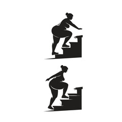 A person struggling climbing stairs, black and white graphic, simple shapes, pictogram style, directional symbols, upward movement, physical effort illustration, silhouette obesity