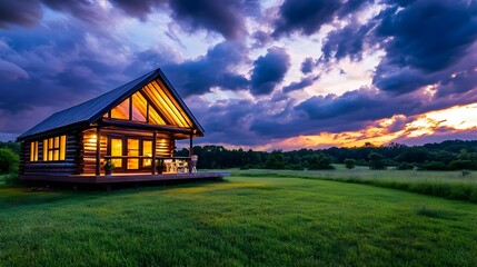 Obraz premium Sunset Cabin Getaway: Log Cabin in Field - Dramatic Skies