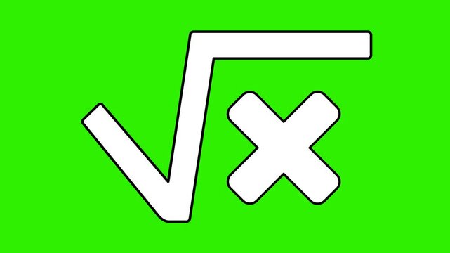 video animation drawing black and white icon square root math symbol with a variable X drawn, on a green chroma key background