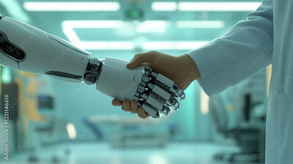 Poster A robotic hand shakes hands with a human hand, symbolizing collaboration between technology and humanity in a modern laboratory setting.