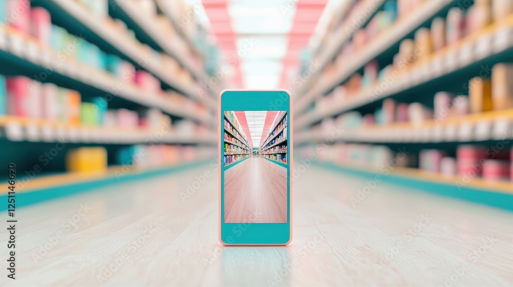 Poster a shopper browsing personalized product recommendations on their smartphone while inside a store, hi