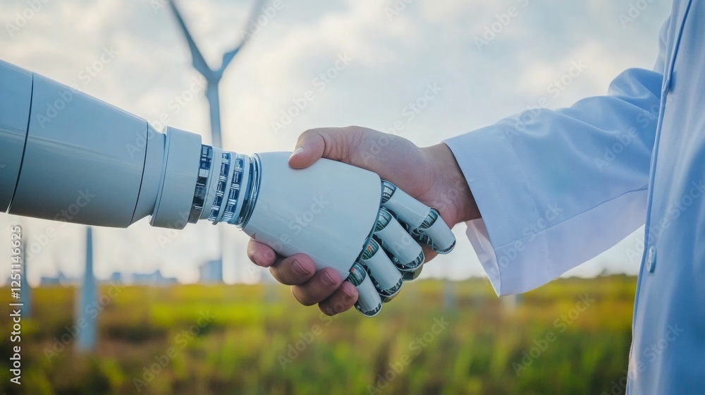 Poster a robotic hand shakes hands with a human, symbolizing collaboration between technology and humanity 