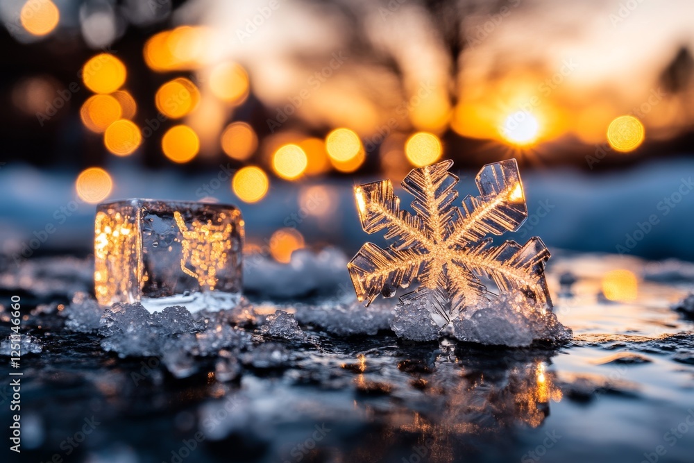 Poster beautiful snowflake and ice cube captured during sunset with warm bokeh lighting in the background