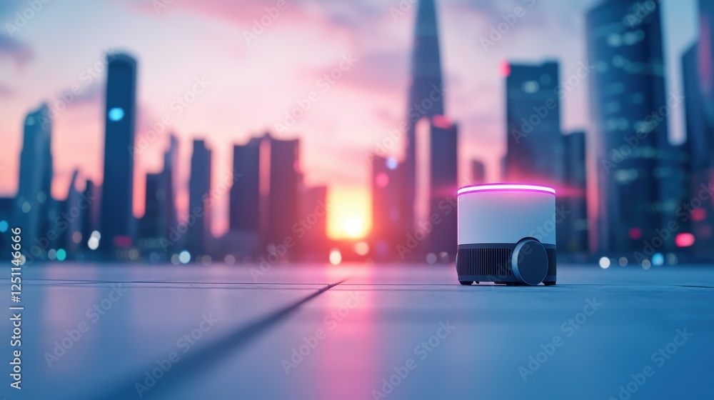 Poster a delivery robot transporting online orders in a city environment, representing the growth of e comm